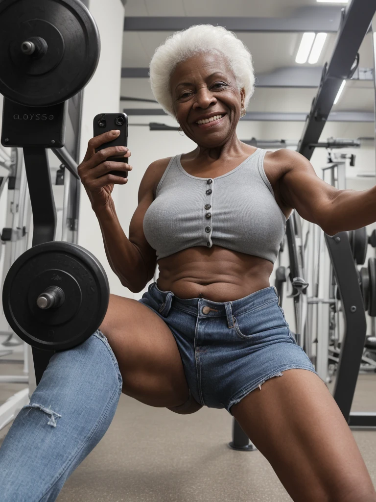 Androeda, solo, realistic, black girl, ((85-year-old girl)), ((mature)), ((old woman)), ((wrinkled woman)), african american old woman, old black woman, dark-skinned, (((upper body and upper legs))), ((at the gymnasium)), ((selfie shot)), smiling, wearing attractive cardigan and jeans, white hair
