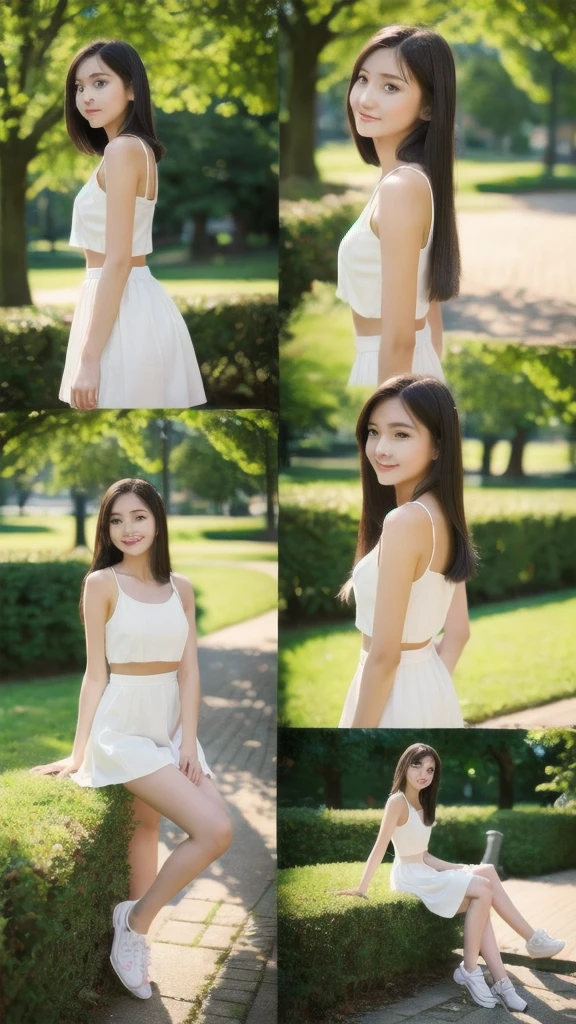 ((best quality)), ((masterpiece)), (detailed), 1girl, 18 year old, ((whole body)), from front, on a bench in a city park, various poses