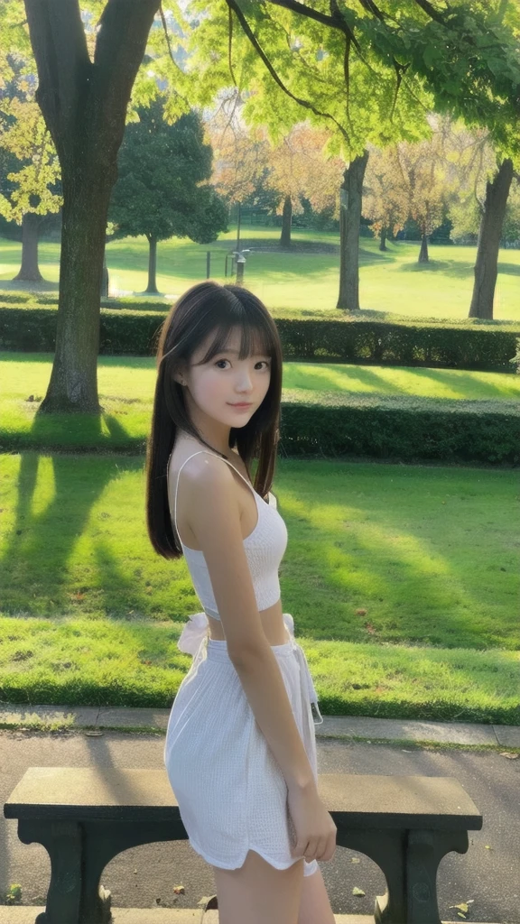 ((best quality)), ((masterpiece)), (detailed), 1girl, 18 year old, ((whole body)), from front, on a bench in a city park, various poses