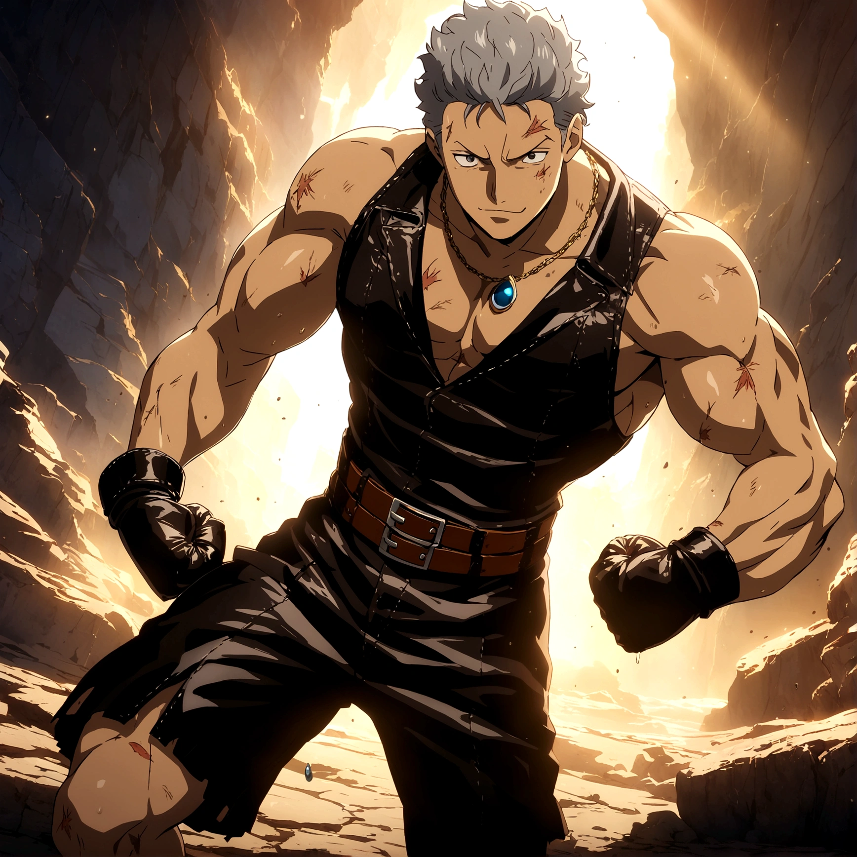 Young man, muscular and robust body, short gray hair, black blouse, blacksmith's leather jumpsuit, stitched leather boxing gloves, dirt stains on the body, fight wounds on the body, innocent smile, pointed nose, necklace with blue drop symbol, boxer's pose, "Anime features inspired by One Piece, drenched in dramatic and incredible lighting, dramatic lighting, infused with creative details, ultra-fine 2D design, scenery bathed in creativity, bathed in creativity, boasting HD anime resolution clarity, HD anime graphics, high-octane rendering"