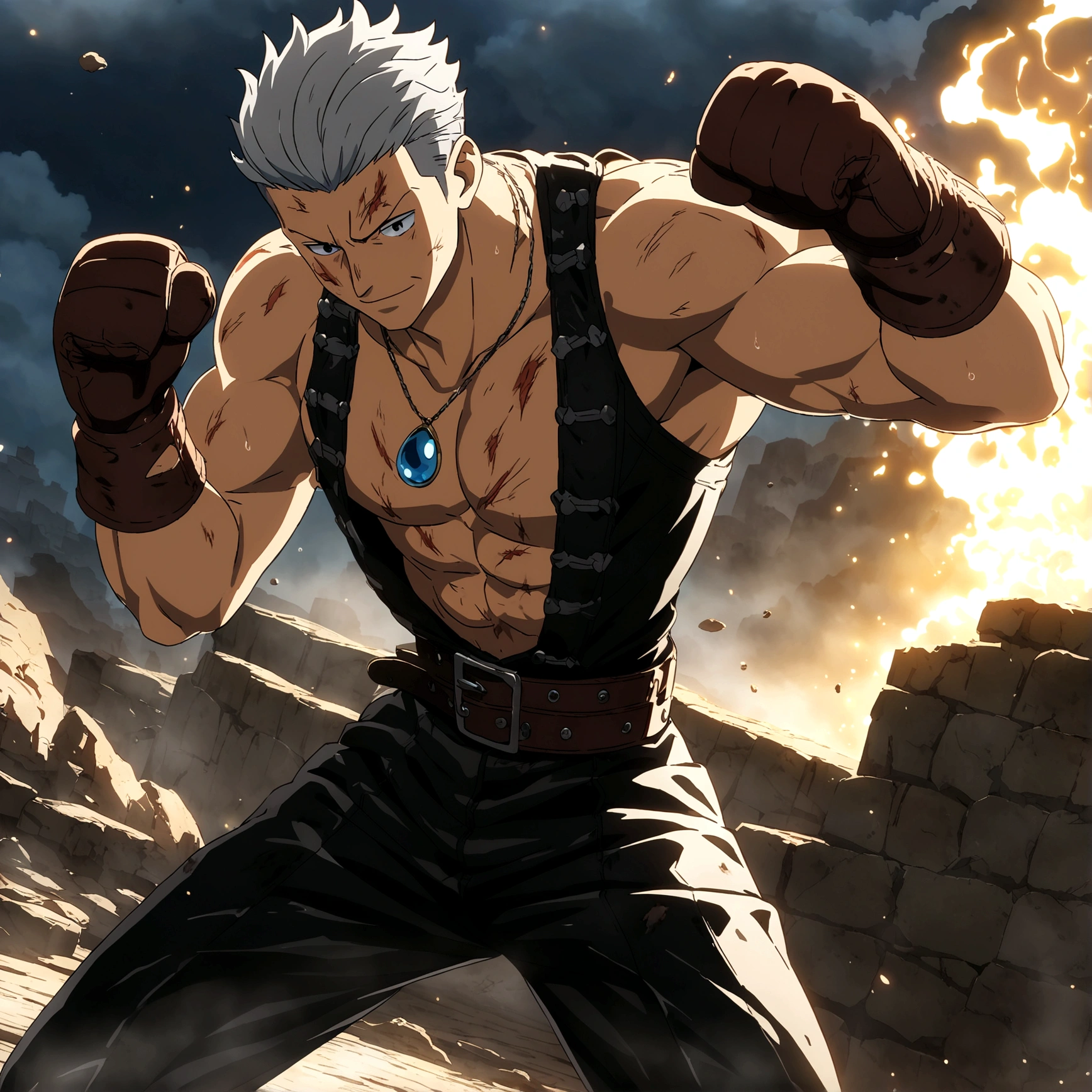 Young man, muscular and robust body, short gray hair, black blouse, blacksmith's leather jumpsuit, stitched leather boxing gloves, dirt stains on the body, fight wounds on the body, innocent smile, pointed nose, necklace with blue drop symbol, boxer's pose, "Anime features inspired by One Piece, drenched in dramatic and incredible lighting, dramatic lighting, infused with creative details, ultra-fine 2D design, scenery bathed in creativity, bathed in creativity, boasting HD anime resolution clarity, HD anime graphics, high-octane rendering"