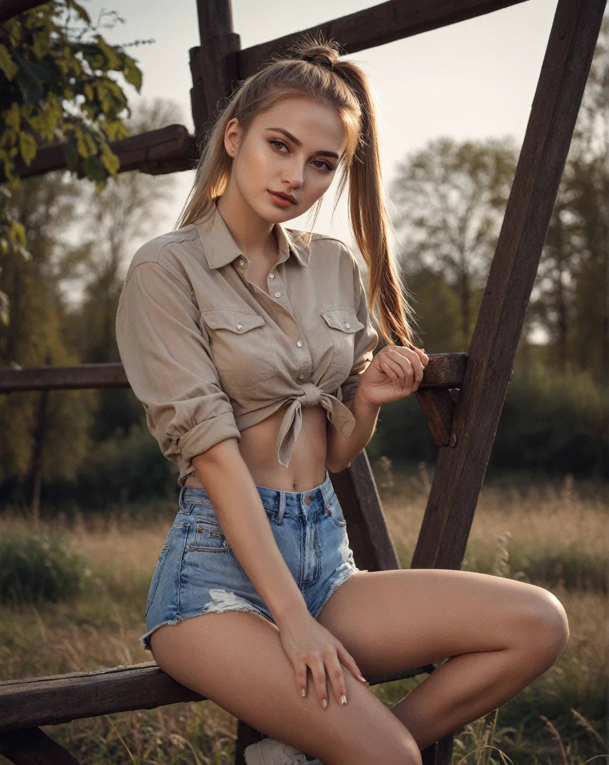 arafed woman sitting on a bench in a field with a long ponytail, Anna Nikonova aka Newmilky, pose casual, olga buzova, Instagram Template, Aleksandra Waliszewska, attractive pose, beautiful model, sexy girl with shorts, modeling photography, beautiful model girl, Yelena Belova, 2 4  female model