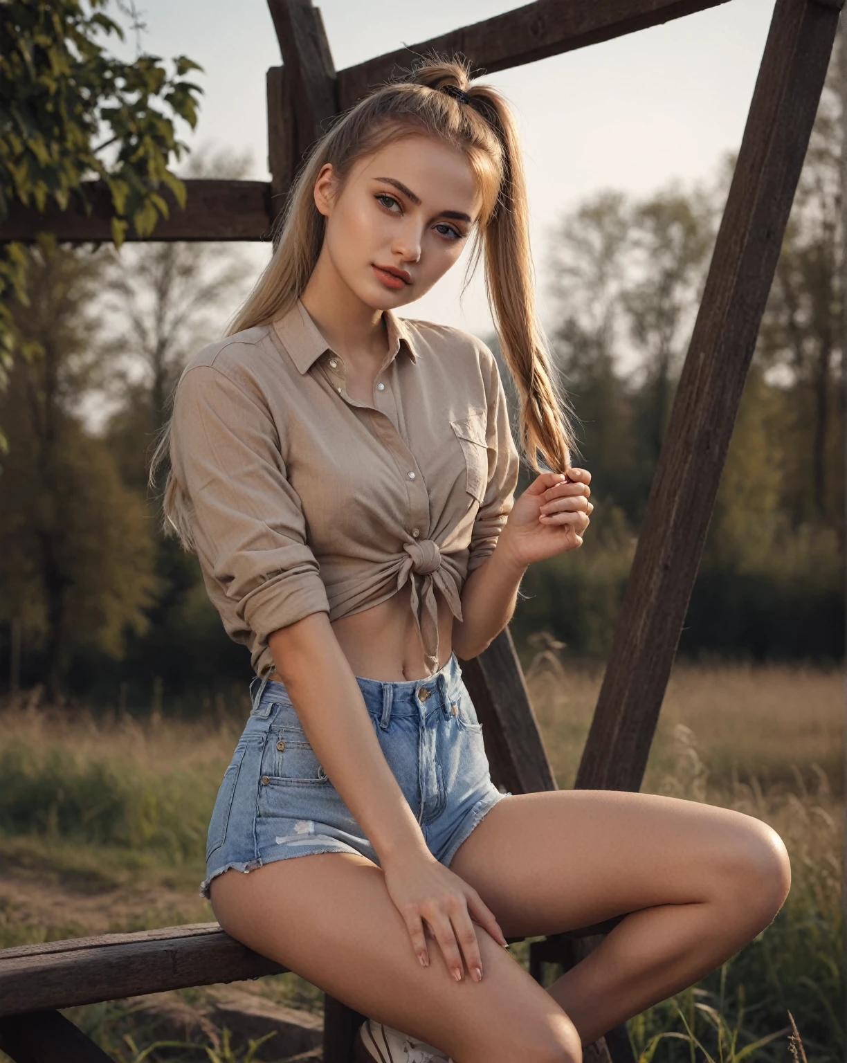 arafed woman sitting on a bench in a field with a long ponytail, Anna Nikonova aka Newmilky, pose casual, olga buzova, Instagram Template, Aleksandra Waliszewska, attractive pose, beautiful model, sexy girl with shorts, modeling photography, beautiful model girl, Yelena Belova, 2 4 year old female model