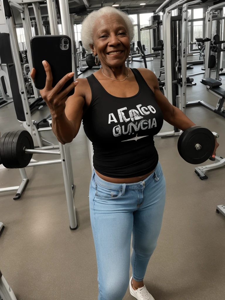 Androeda, solo, realistic, black girl, ((85-year-old girl)), ((mature)), ((old woman)), ((wrinkled woman)), african american old woman, old black woman, dark-skinned, (((upper body only))), ((at the gymnasium)), ((selfie shot)), smiling, wearing attractive tops and jeans, white hair
