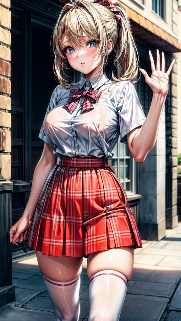 1girl,masterpiece,best quality,blonde hair,((ponytails)),blue eyes,(white stockings),(red plaid skirt),short skirt,standing,in full length,medium breasts,white t shirt,in front of streets,extremely detailed,[[realistic]],beautiful alluring anime ,seductive anime girl,waving skirt,perfect body,slim body,slim legs