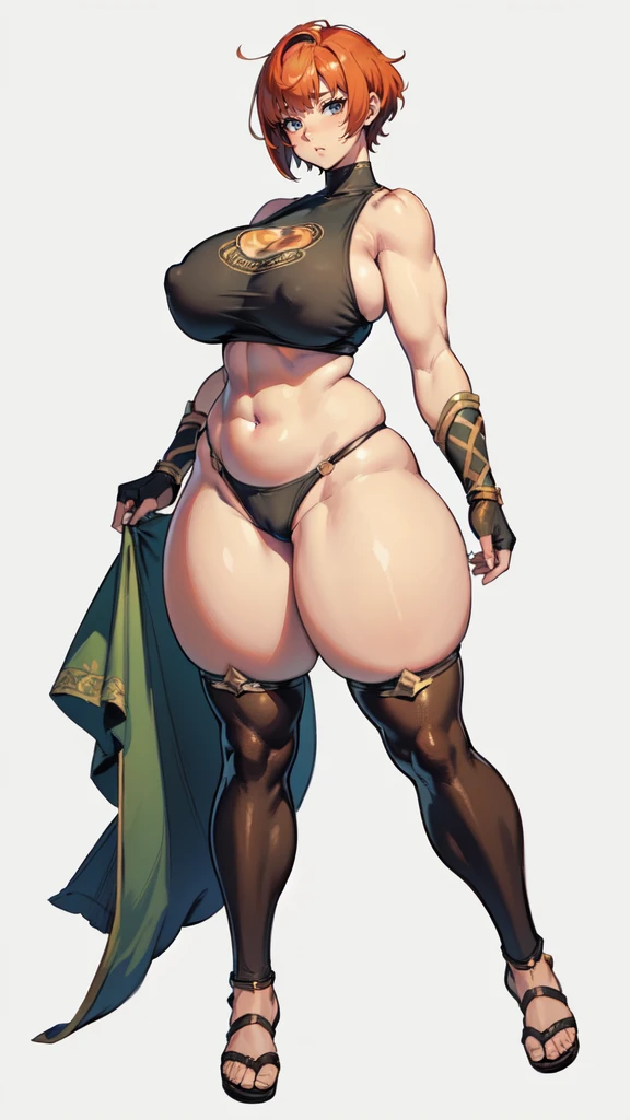 (masterpiece), best quality, female warrior, huge girl, female muscular:1.2, very short hair, ginger hair, big breast, curvy, ((thick thighs:1.5)), (((blank background))), ((full body)), fingerless gloves, sandals, sleeveless, covered nipples, (underboobs:1.3), tshirt top, shaved hair, (buzzcut hairstyle)