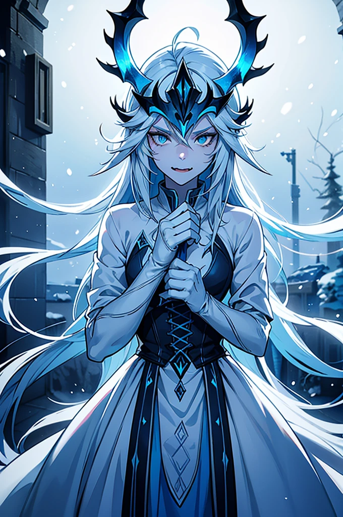 very white skinned entity, white eyes, light blue hair and animal ears, a mask with 2 long fangs and a cold and dark look and ice claws, Best Quality, high resolution, snow