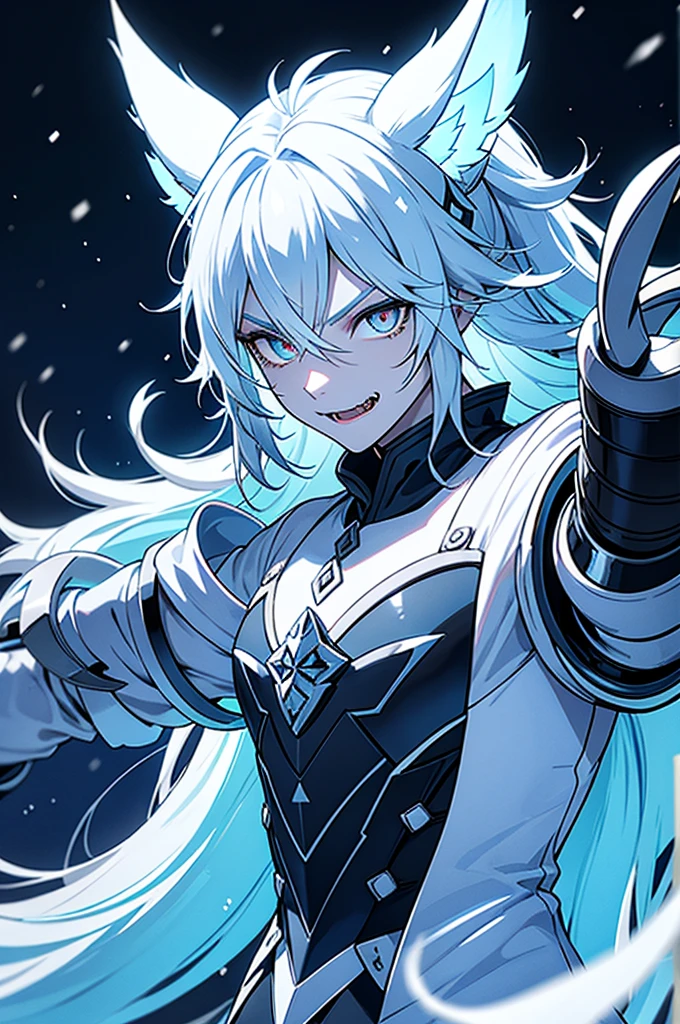 very white skinned entity, white eyes, light blue hair and animal ears, a mask with 2 long fangs and a cold and dark look and ice claws, Best Quality, high resolution, snow