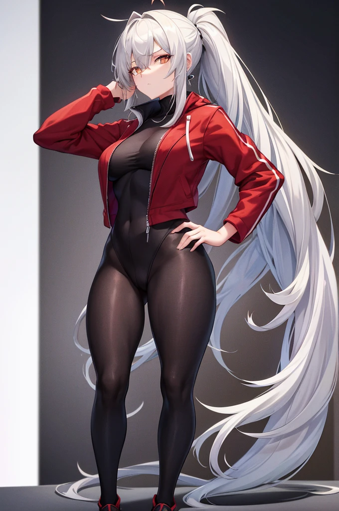 Tall, slim, She has long grey hair tied back in an enormous, messy ponytail that reaches down to her thighs, hair covering one eye, she wears a red jacket, wearing a black full-body suit, golden eyes, angle from below, laboratory background, wide hips, resting hand on head, fit