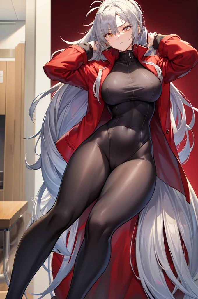 Tall, slim, She has long grey hair tied back in an enormous, messy ponytail that reaches down to her thighs, hair covering one eye, she wears a red jacket, wearing a black full-body suit, golden eyes, angle from below, laboratory background, wide hips, resting hand on head, fit