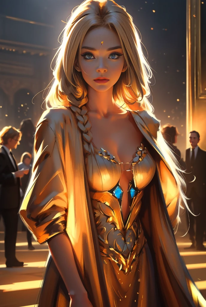 An incredibly beautiful young woman-blonde, blue eyes, long golden hair, long bangs, she is dressed in a burlex suit. Style icons, celebrities, the elite. the red carpet. Who pose beautifully for photographers. Masterpiece, beautiful face, beautiful facial features, perfect image, realistic photos, full-length image, 8k, detailed image, extremely detailed illustration, a real masterpiece of the highest quality, with careful drawing. glow. the flicker. Night.