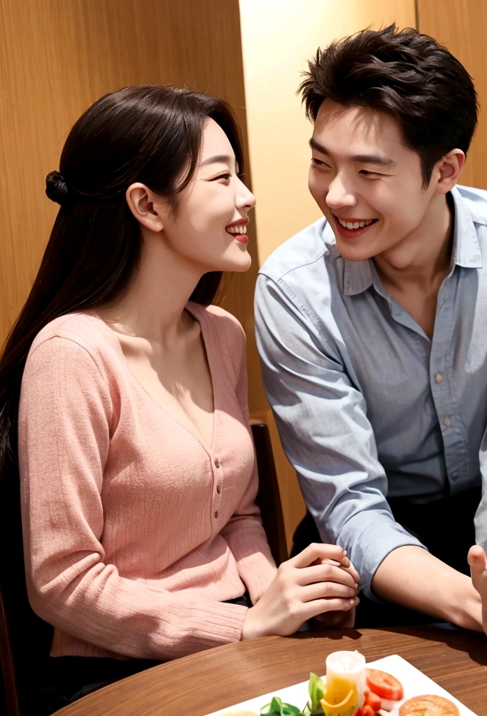 A photo of a man and woman having a lively conversation。Both of them are smiling.、Enjoying the conversation。