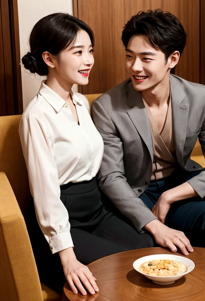 A photo of a man and woman having a lively conversation。Both of them are smiling.、Enjoying the conversation。

