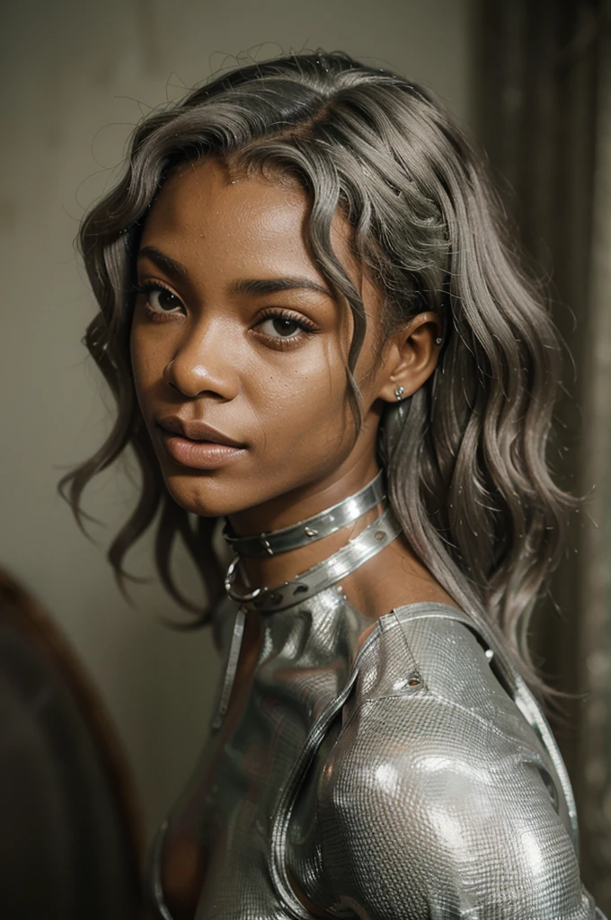 congolese girl, (very young, adolescent), (curly green mullet, very small breasts, very skinny, nose ring), (silver latex bodysuit, choker), (close shot, face shot, intimate camera, cinematic)