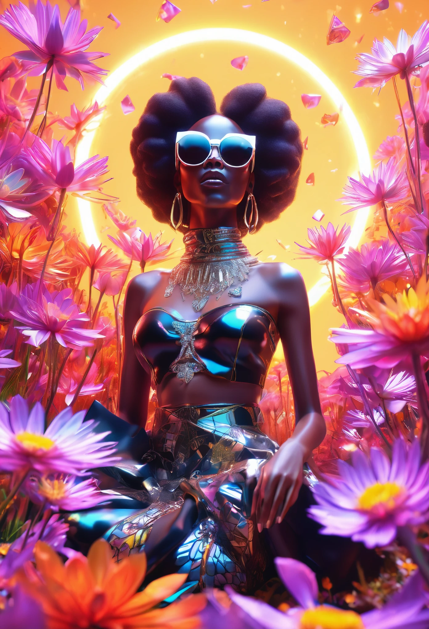 A luminescent 3D render of a black woman dressed in african attire and wearing sunglasses reclining amidst a kaleidoscopic garden of blossoming flowers, petals shimmering with an otherworldly glow, as dice fall from the sky, their scattered trajectory eerily reflected in the black woman's sunglasses, like a celestial omen. The image bursts with vibrant, exaggerated hues, reminiscent of Pixar's fantastical realms, illuminated by a dramatic ring light that underscores the surreal quality of this intergalactic oasis.