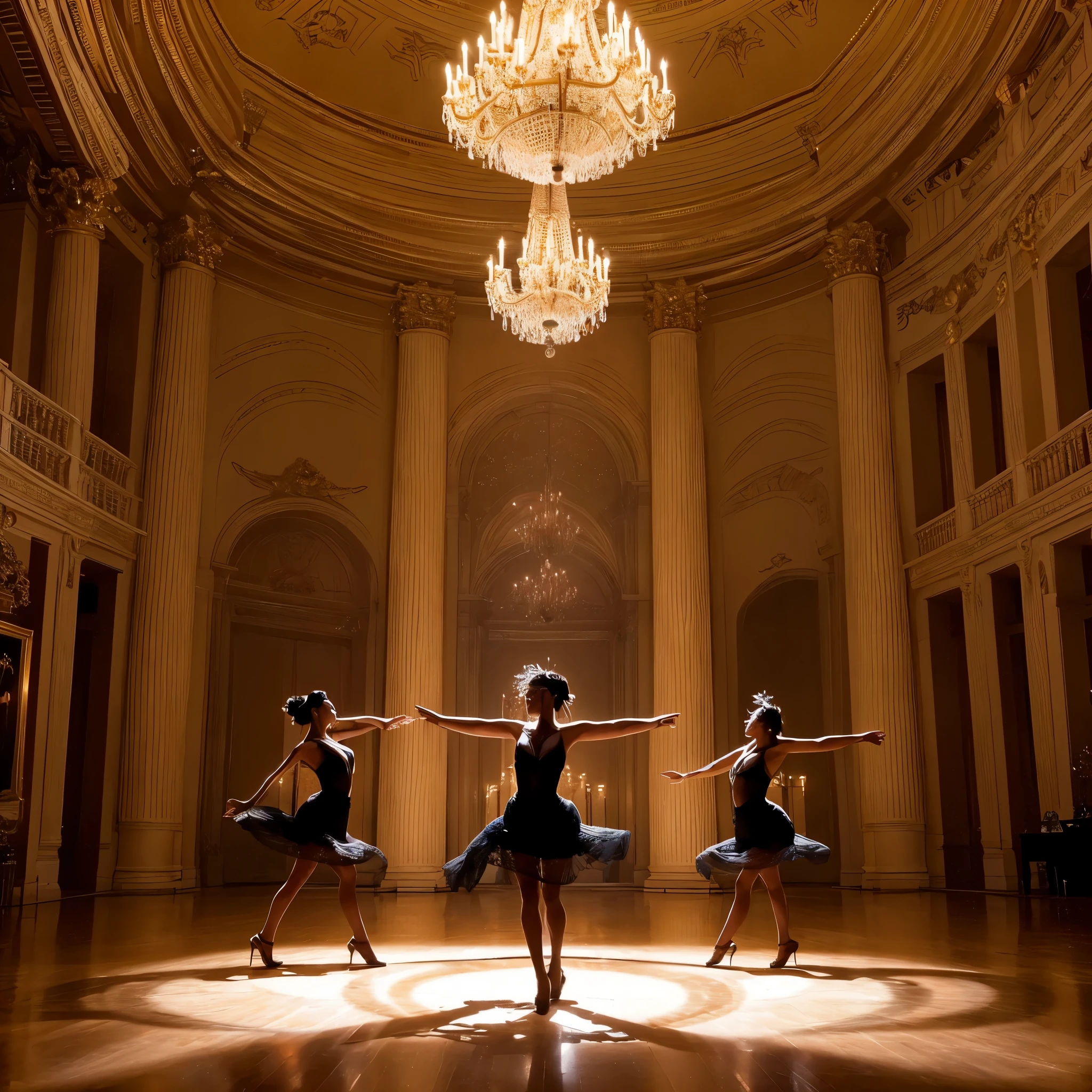 Three pretty, beautiful women perform an intensely synchronized dance in a large hall under a chandelier. The scene is grand and powerful, with dynamic shots capturing the energy and precision of their dance. Lighting includes flashing lights and dramatic color changes to enhance the dramatic effect.