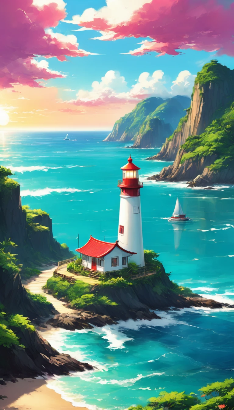The ocean is right in front of you、Tropics、Ocean、ocean shore、cliff、Bungalow、Resort、turquoise blue、Emerald green、sunshine、water surface、rock、cloud、blue sky、buzzer、Paradise、beautiful、vivid、nature、trip、vacations、beautiful Anime Scenery, Landscape painting, Lighthouse, Beautiful digital painting, andreas rocha, Beautiful artwork illustration, Awesome Wallpapers, Raymond Han, tall beautiful painting, Studio Greebly New Ocean Makoto, Beautiful Wallpaper, Anime Scenery