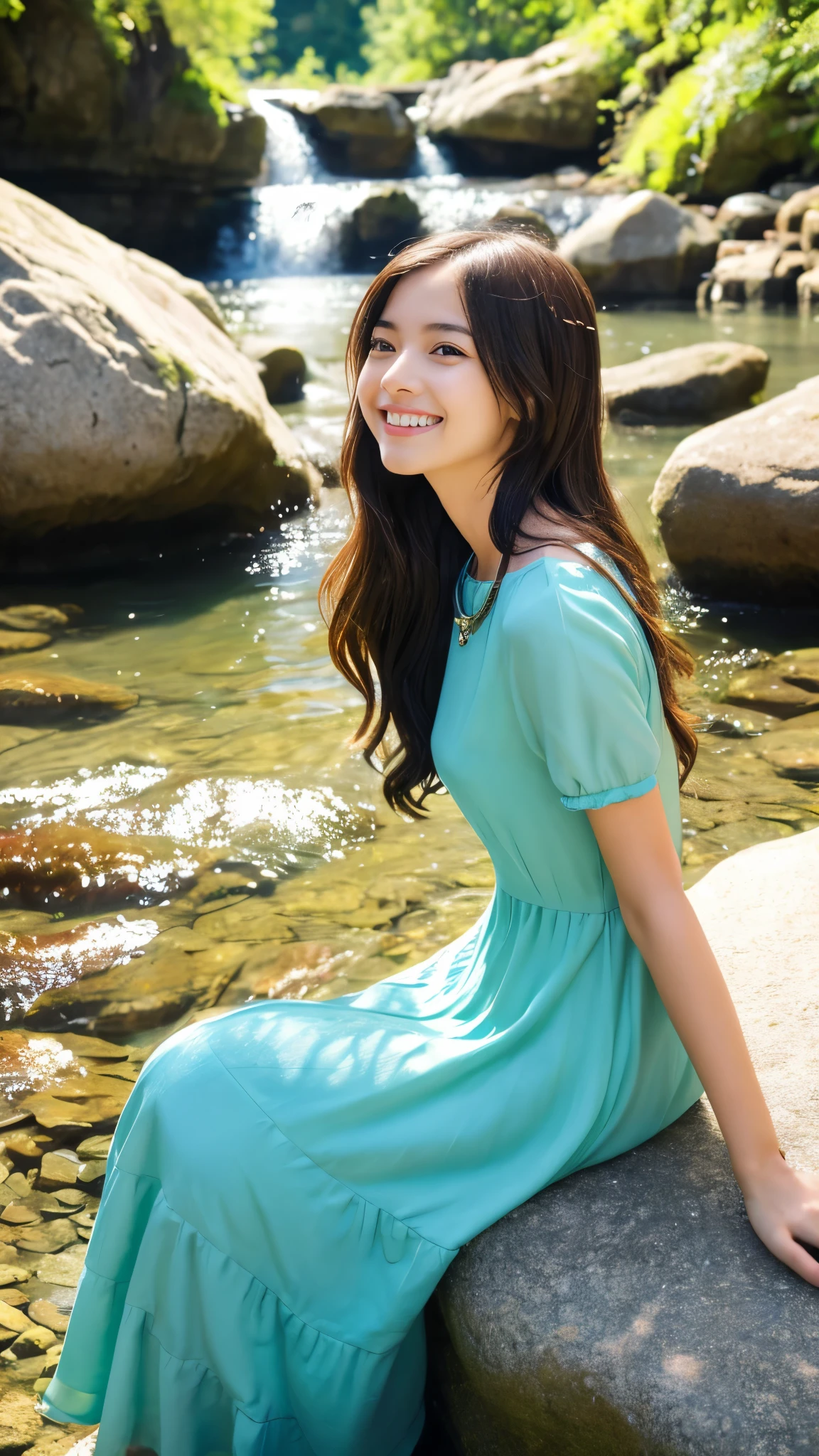 (best quality,ultra-detailed,realistic:1.37),portraits,beautiful young girl,youthful female model,riverbank and rocks or temple or bridge,Sweet girl clothes4, Libra dress,jewelry,sitting under a waterfall,sitting posture,sitting on a rock,drenched all over,masterpiece,extremely detailed description,super fine painting,detailed face,slim figure,long legs,playing in the water,smiling,bright smile
