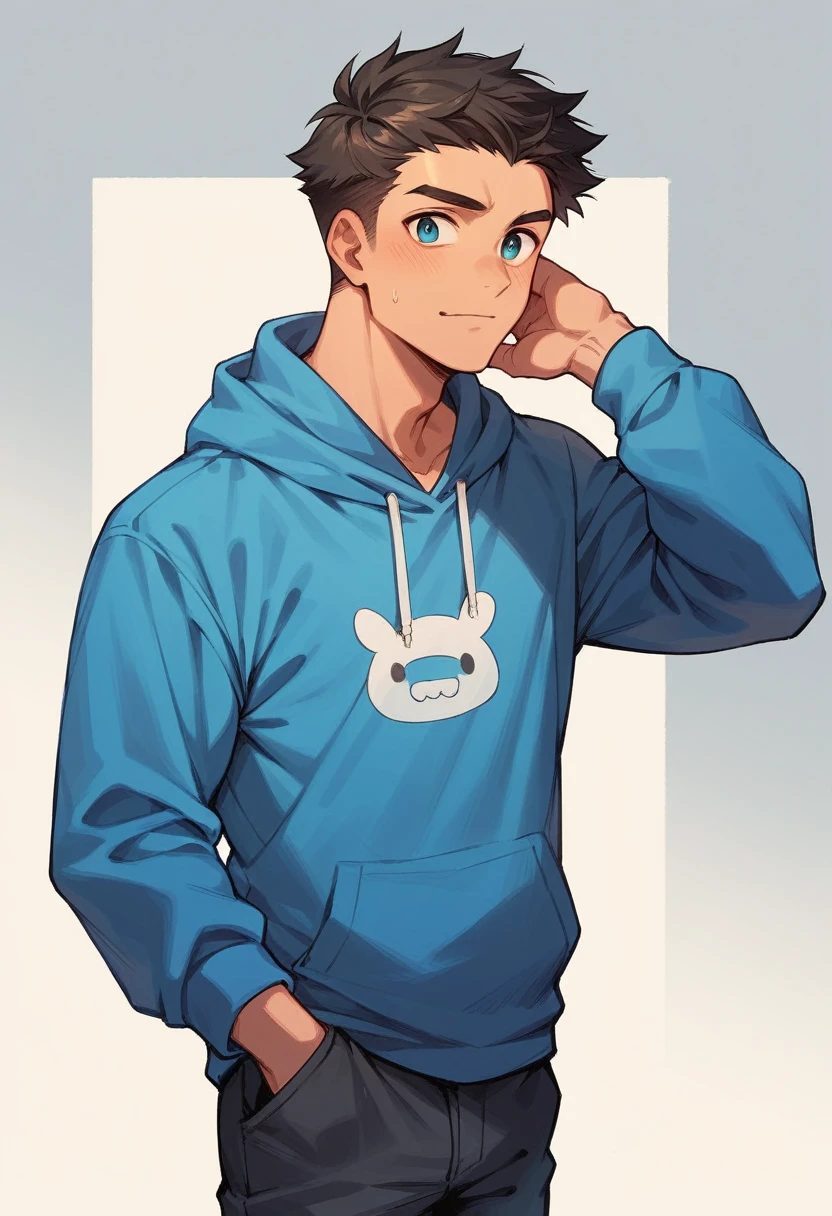 handsome and cute boy with blue hoodie anime with the front body seen all
