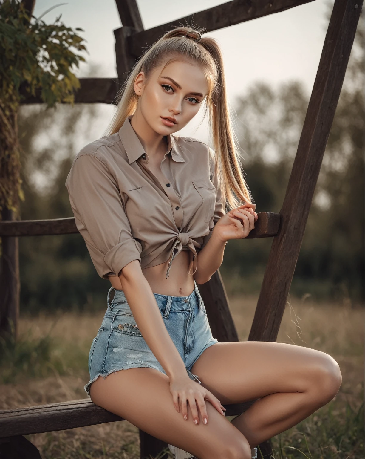 arafed woman sitting on a bench in a field with a long ponytail, Anna Nikonova aka Newmilky, pose casual, olga buzova, Instagram Template, Aleksandra Waliszewska, attractive pose, beautiful model, sexy girl with shorts, modeling photography, beautiful model girl, Yelena Belova, 2 4  female model