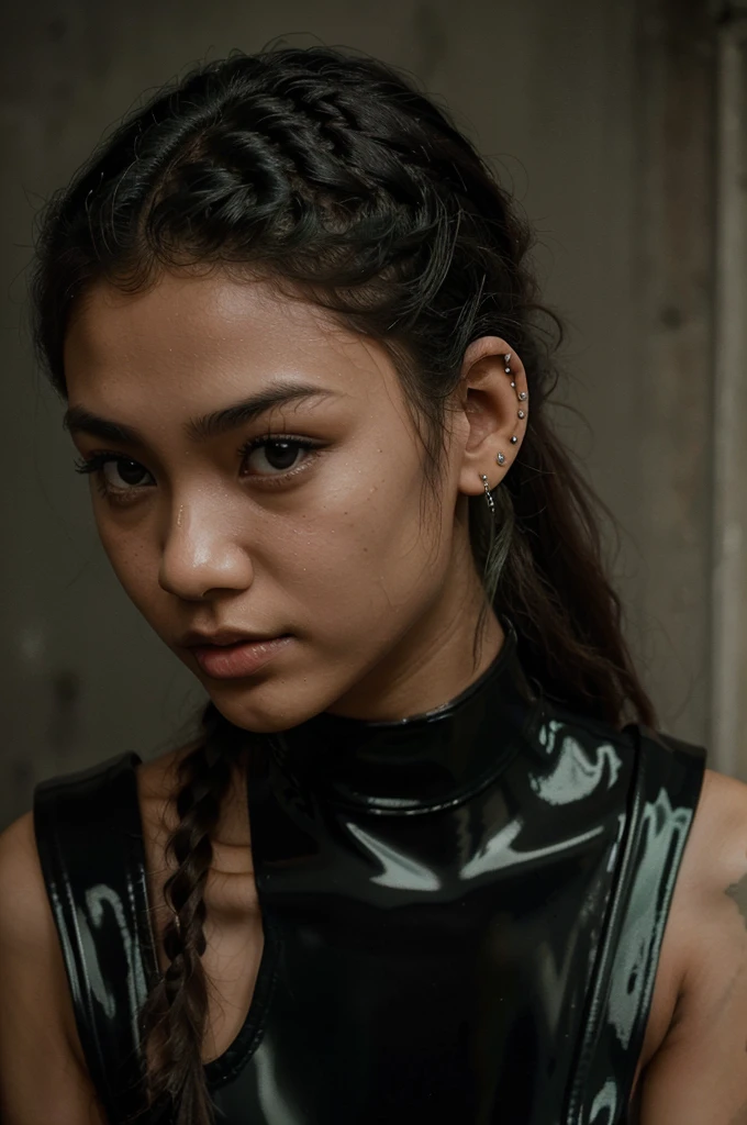indonesian girl, (very young, adolescent), (curly green mullet, very small breasts, very skinny, nose ring), (black latex bodysuit, choker), (close shot, face shot, intimate camera, cinematic)