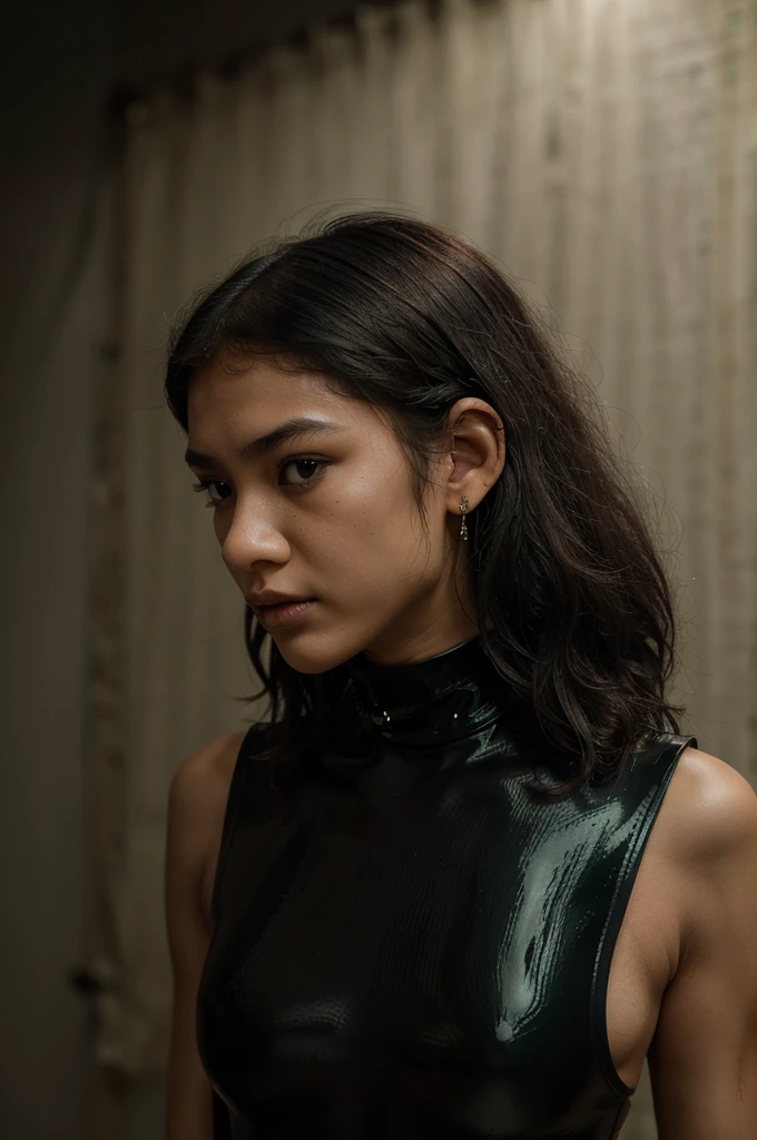 indonesian girl, (very young, adolescent), (curly green mullet, very small breasts, very skinny, nose ring), (black latex bodysuit, choker), (close shot, face shot, intimate camera, cinematic)