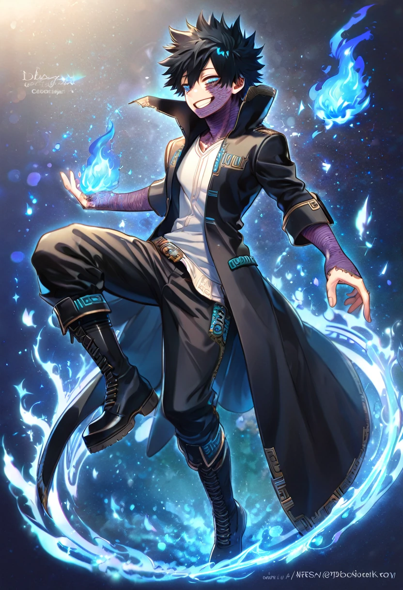 absurdres, highres, ultra detailed, HDR, master piece, best quality, extremely detailed face, delicated features, Dabi, black hair, expressive turquoise eyes, Boku No Hero Academia, sexy man, solo, handsome, smiling, black coat with high collar, white T-shirt, black pants, black boots, full body, fantasy, magical, blue fire, starry sky, blue lights, blue flames background, blue background