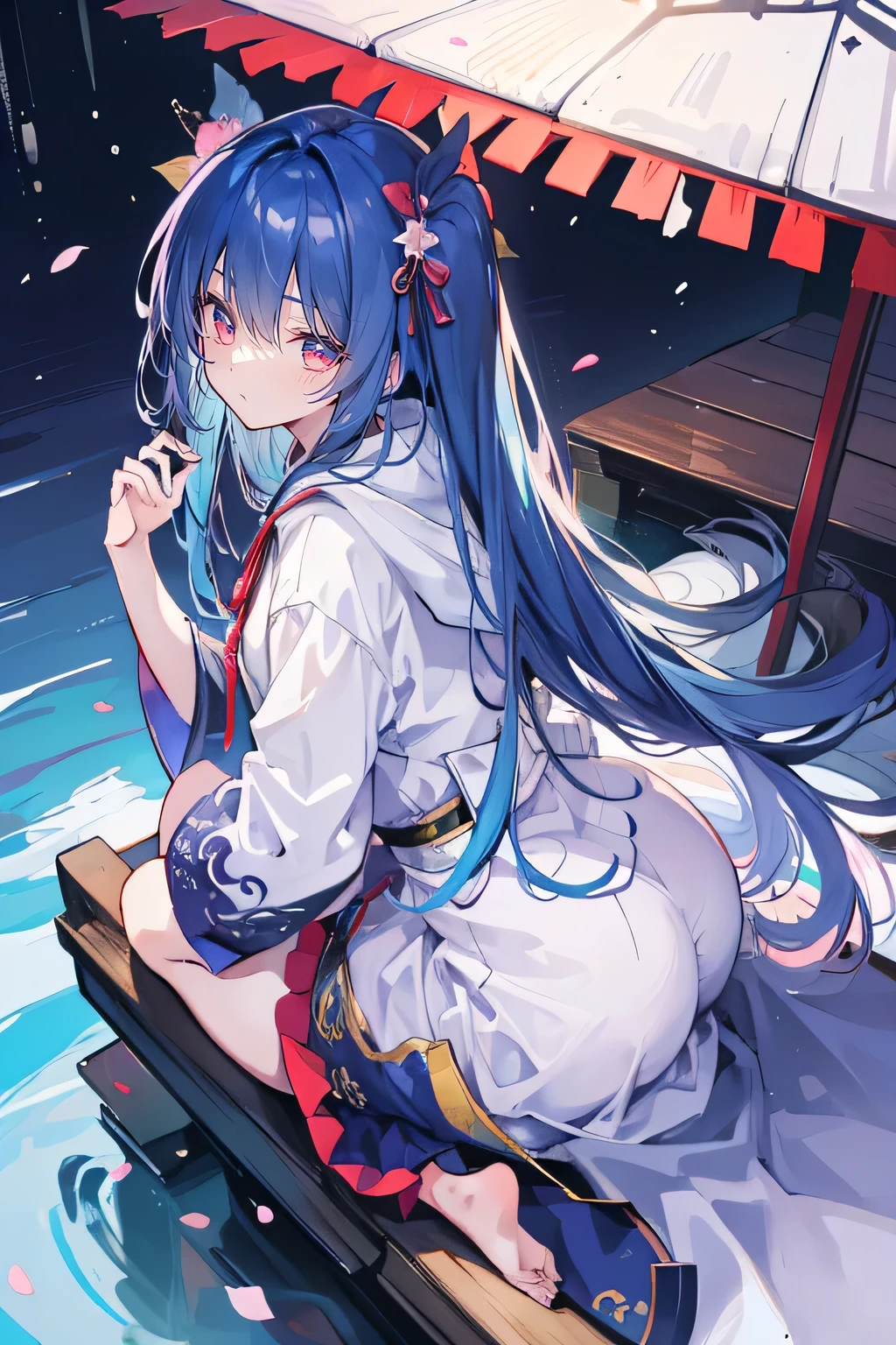 （masterpiece：1.2），Super detailed，lifelike，Expressive eyes，fair skin，perfect face shape，1 girl，
Japanese comics,Gorgeous blue hair,flowing blue hair,flowing clothes,Petals fall,beautiful lola,Baby Angel,
Shaking head with one hand，Cross your legs，Gentle and peaceful background，The pavilion is cool and comfortable,smile, wearing hoodie, background of tokyo,back views,snowing, winter,lie on the water,asymmetrical hair,（（Hair is very thick 1.8，Chiseled hair 1.6））， Hair over the shoulders, Messy hair, Very long hair, shiny hair