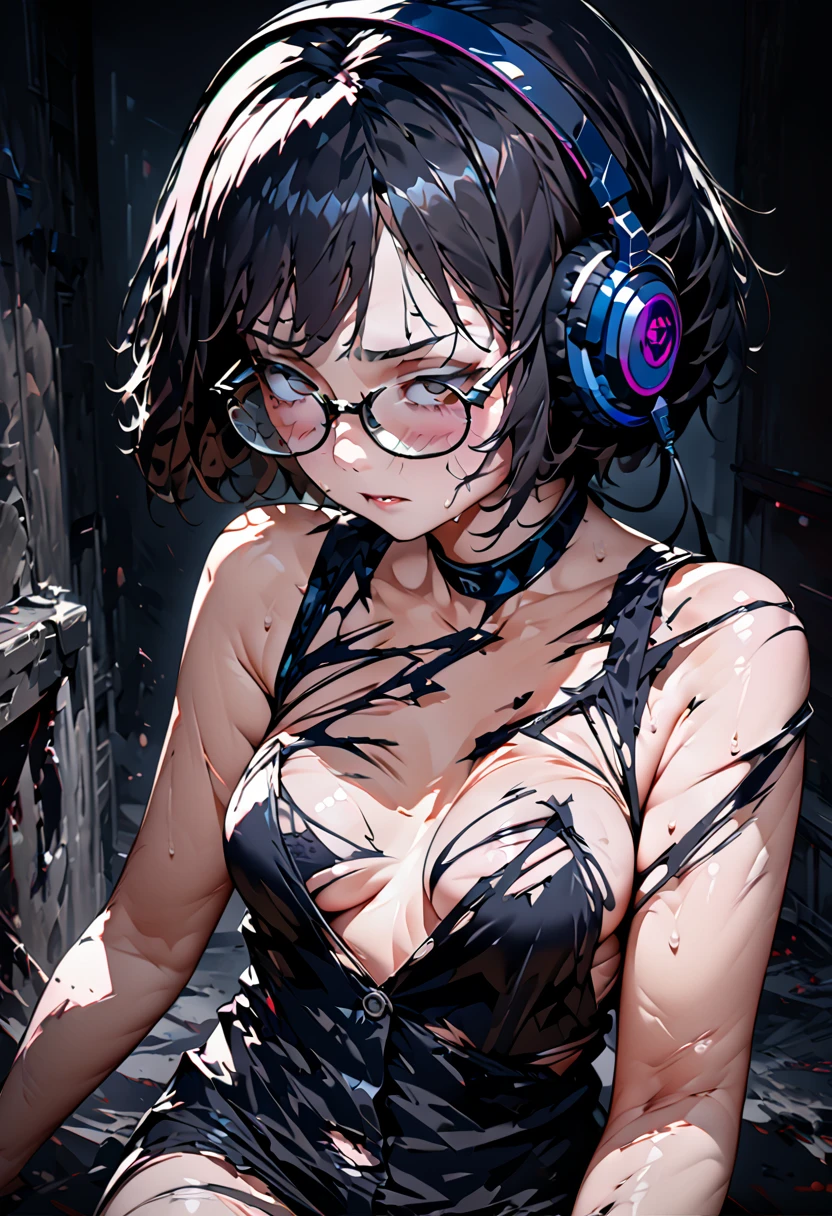 ((top-quality)), ((​masterpiece)), ((ultra-detailliert)), (extremely delicate and beautiful), Digital art, (extremely detailed fine touch:1.3), (2D:1.3), ultra high definition, dark lighting, horror movie scene, 1girl, solo, short hair, torn clothed, (((under-rimmed glasses:1.3))), (headphones:1.0), medium breasts, bare arms, The background is a typical Japanese high sclool with horror movie setting, style of Japanese horror films like 'Ju-on', pose : holding guns, dirty skin, sweaty