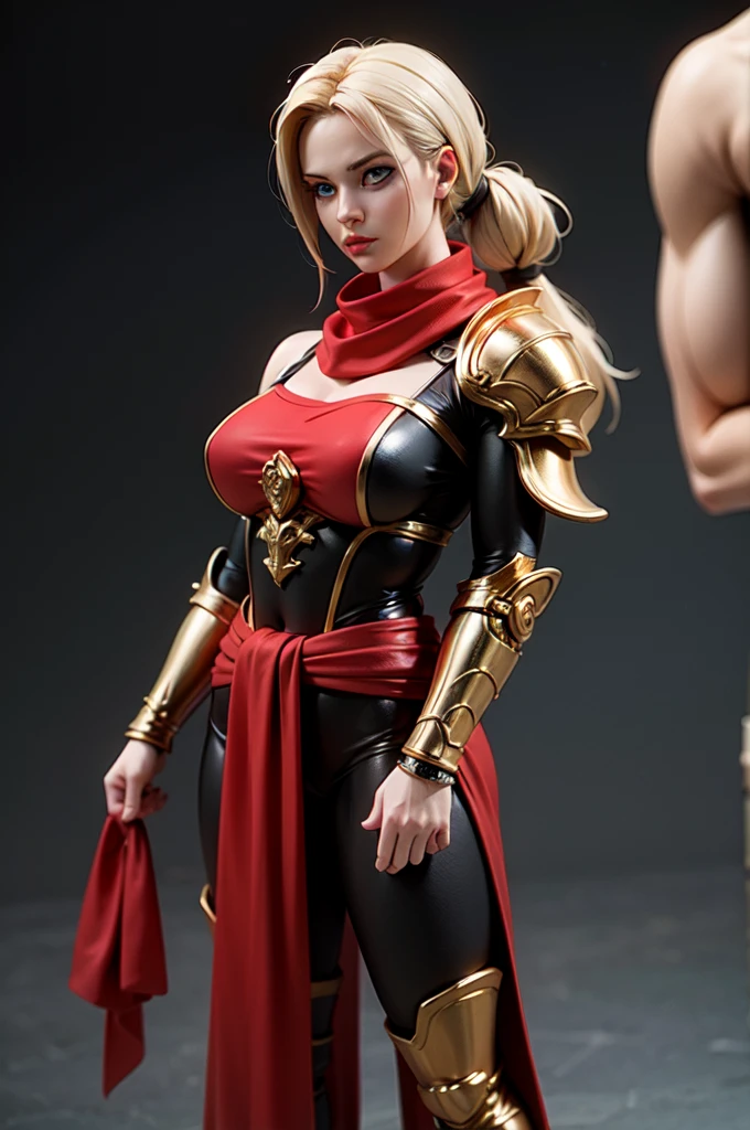 full body shot, colorful and aesthetic, masterpiece, best quality, dynamic angle, ultra high res, highly detailed skin, intricate details, 30 year old woman in ornate ranger armor, looking thoughtful, Anita Briem, athletic body, large blue eyes, voluminous blonde hair,(long ponytail:1.1), red and gold accents, red scarf, large shoulder pads, (detailed:1.05), (extremely detailed:1.06), sharp focus, (intricate:1.03), (extremely intricate:1.04), (beautiful face:1.1), [perfect eyes:0.8], [perfect skin:0.8], [detailed face:0.8], [detailed eyes:0.8], [detailed hair:0.9], [detailed lips:0.8], ray trace, cinematic lighting, depth of field, 