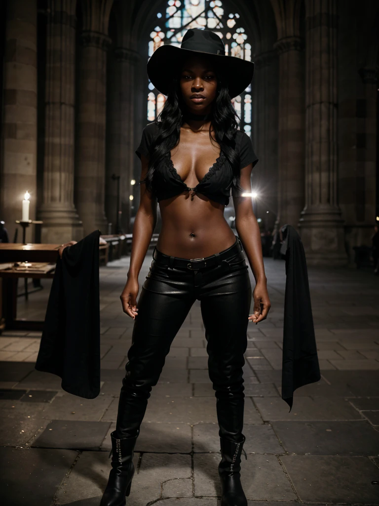 8k, RAW photo, best quality, ultra high resolution, photorealistic, realistic photo of skinny ebony girl van helsing, (van helsing), (skinny ebony girl, 20 years old girl, slim face, dark skin, black hair, wavy hair), in the 1750 paris city, at night, cathedral, (notre dame cathedral), bright moonlight, cinematic light, (full body picture), standing posing for picture, sexy pose, (wearing van helsing costume, shirt, pants, boots, hat), (looking at viewer), fierce look, danger, menace, High Detail, Sharp focus, bright light