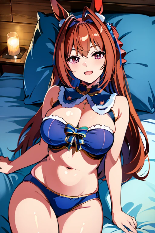 (masterpiece),(Highest quality:1.0), (Ultra-high resolution:1.0), Detailed illustrations, 8K, Pretty face, Big Breasts、night、 underwear, Blue underwear, whole body、bed、Animal ears, earrings, Horse tail、Cowboy Shot, Are sleeping, indoor, Alluring expression、smile, Open your mouth