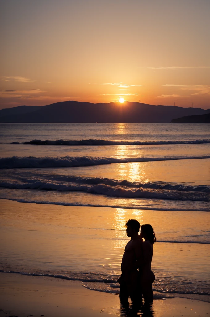 Naked couple silhouette at sunset