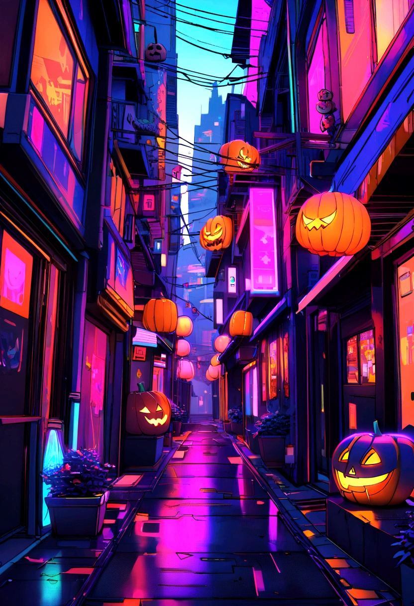 Futuristic street decorated for Halloween, Core Neon, Cyberpunk Style, 8K