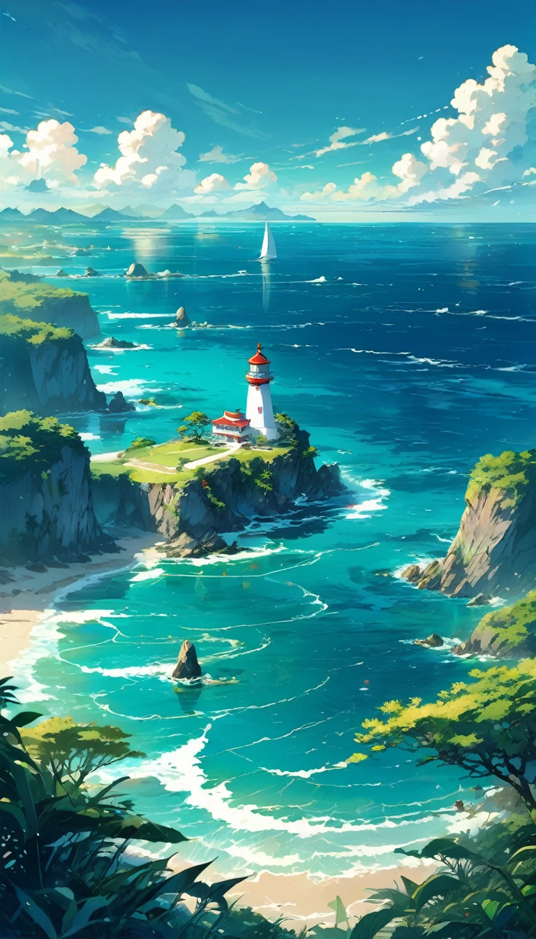 The ocean is right in front of you、Tropics、Ocean、ocean shore、cliff、Bungalow、Resort、turquoise blue、Emerald green、sunshine、water surface、rock、cloud、blue sky、buzzer、Paradise、beautiful、vivid、nature、trip、vacations、beautiful Anime Scenery, Landscape painting, Lighthouse, Beautiful digital painting, andreas rocha, Beautiful artwork illustration, Awesome Wallpapers, Raymond Han, tall beautiful painting, Studio Greebly New Ocean Makoto, Beautiful Wallpaper, Anime Scenery