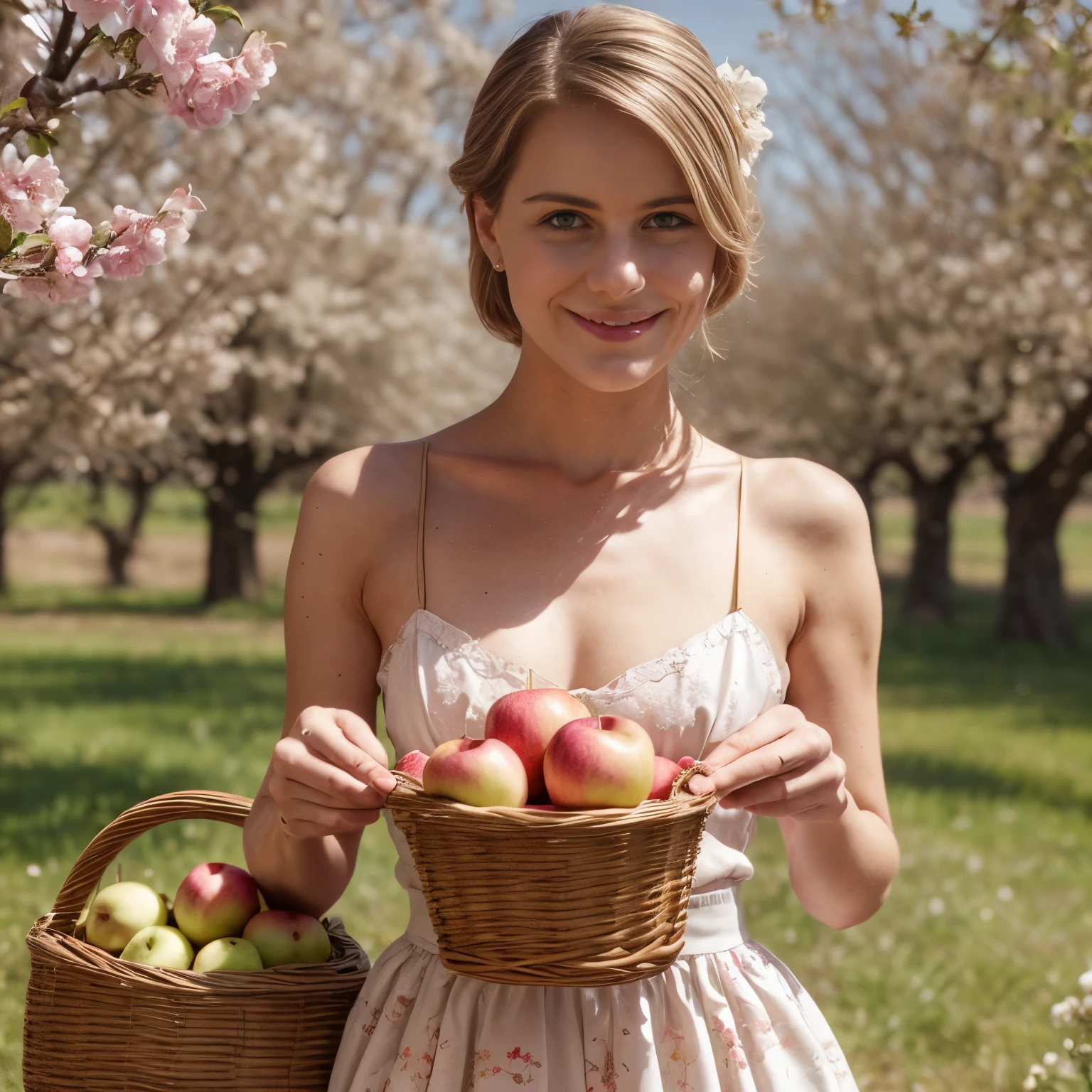 **May - Renewal and Growth in the Rhineland**
On the May calendar page, LaGermania stands amidst a blossoming apple orchard in the Rhineland. She wears a vintage-inspired dress in shades of pink and green, its floral prints and gathered waistline reflecting the season. Her blonde hair is styled in a classic updo with apple blossom hairpins. Her expression is happy and curious, with a radiant smile. The background showcases blooming apple trees and a rustic fence, with petals in the air. The dress's soft cotton texture and embroidery evoke the charm of the Rhineland. LaGermania's posture is graceful, one hand touching an apple blossom while the other holds a basket of apples. The scene captures the beauty of renewal and growth in the Rhineland.