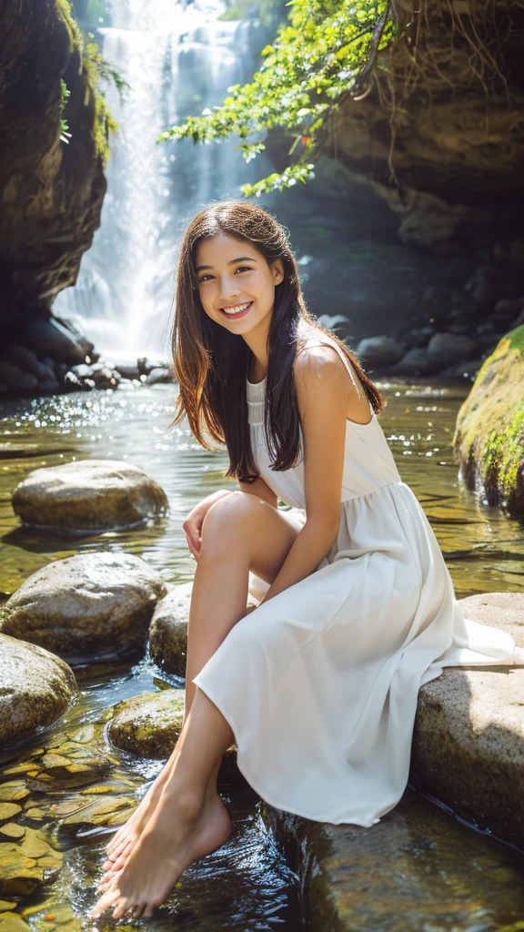 (best quality,ultra-detailed,realistic:1.37),portraits,beautiful young girl,youthful female model,riverbank and rocks or temple or bridge,Sweet girl clothes4, Libra dress,jewelry,sitting under a waterfall,sitting posture,sitting on a rock,drenched all over,masterpiece,extremely detailed description,super fine painting,detailed face,slim figure,long legs,playing in the water,smiling,bright smile