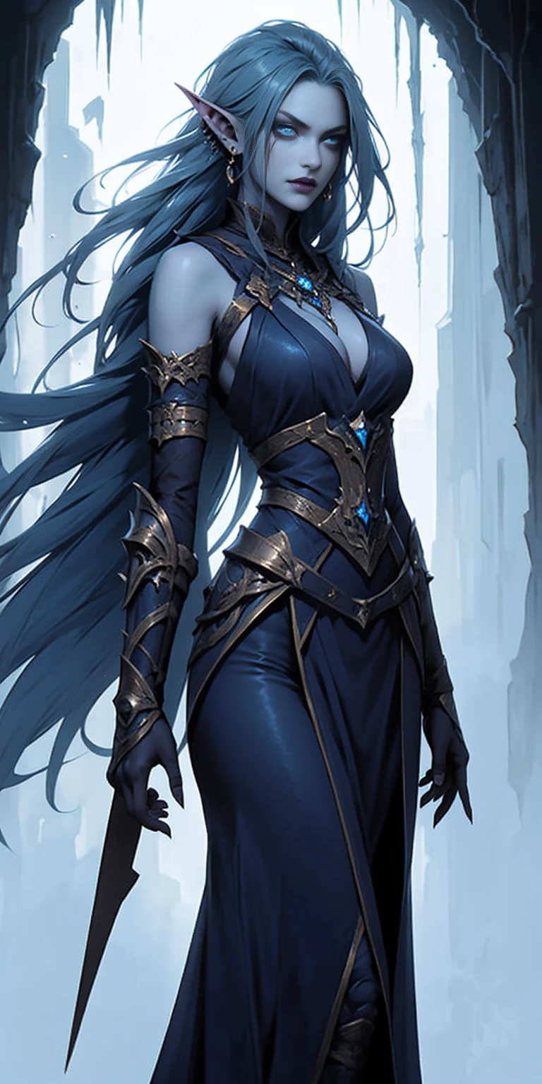 In a seamless blend of features, she possesses blue-azure skin, sharp elf-like ears, and a toned, athletic build. Her prominent fangs and piercing, icy-blue eyes add to her striking appearance. Dark blue hair cascades gracefully to her shoulders. Clad in fully enclosed attire, her outfit is predominantly azure with intricate brown accents and mystical engravings, evoking a medieval fantasy style. Broad, spiked pauldrons, reinforced gauntlets, and sturdy greaves complete her ensemble, highlighting a balance of elegance and otherworldly grace