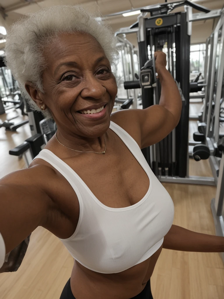 Androeda, solo, realistic, black girl, ((85-year-old girl)), ((mature)), ((old woman)), ((wrinkled woman)), african american old woman, old black woman, dark-skinned, (((upper body only))), ((at the gymnasium)), ((selfie shot)), smiling, wearing attractive tops, white hair