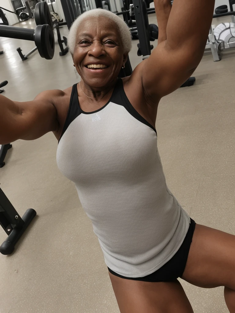 Androeda, solo, realistic, black girl, ((85-year-old girl)), ((mature)), ((old woman)), ((wrinkled woman)), african american old woman, old black woman, dark-skinned, (((upper body only))), ((at the gymnasium)), ((selfie shot)), smiling, wearing attractive tops, white hair
