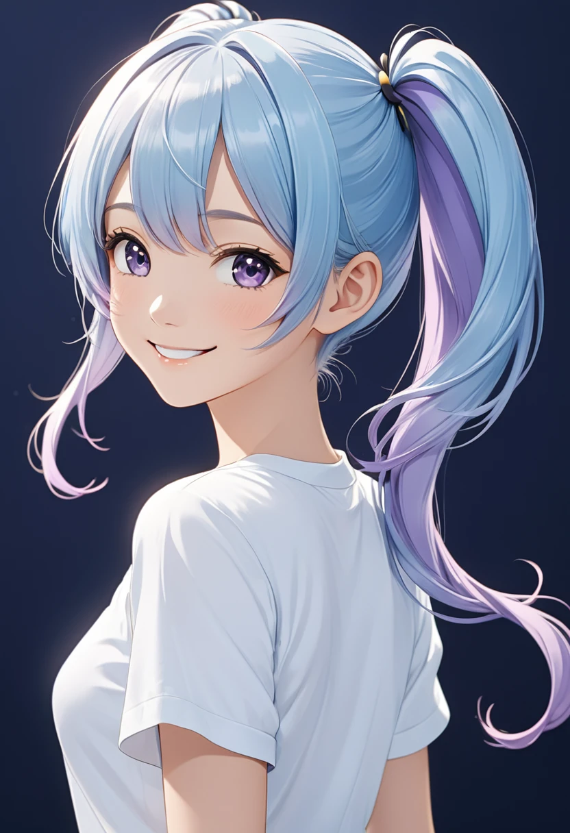 Cute light blue hair with light purple ends. An anime girl with double ponytails and long hair wearing a white fir shirt looking back and smiling. A happy and lively character standing on a simple abstract dark blue background, close-up.( perfect anatomy )
Beautiful and extremely fine texture,detailed, bright, High-quality animation style presentation