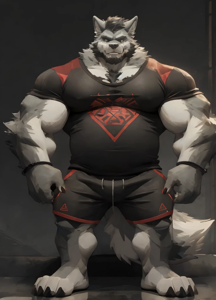 A full body shot of a giant muscular wolf furry, Massive pecs, massive arms, chubby belly, thick thighs, fluffy tail, wearing tight white shirt and black gym shorts, intimidating look, grey fur, (high quality), (fully detailed), (masterpiece),
