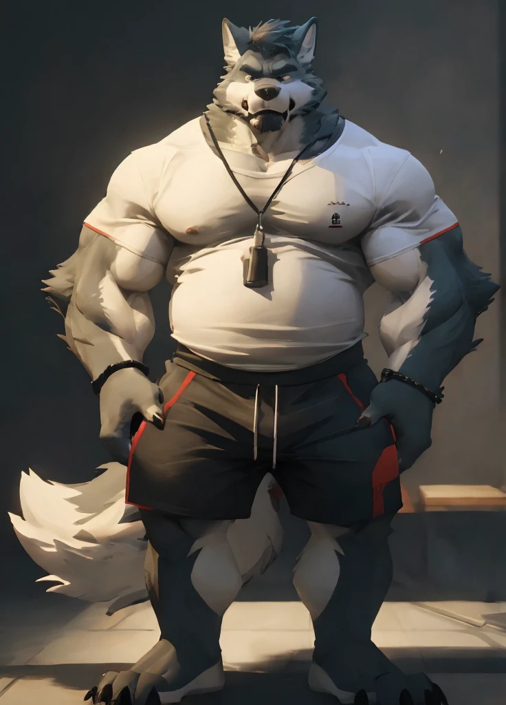 A full body shot of a giant muscular wolf furry, Massive pecs, massive arms, chubby belly, thick thighs, fluffy tail, wearing tight white shirt and black gym shorts, intimidating look, grey fur, (high quality), (fully detailed), (masterpiece),