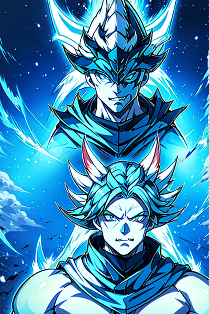very white skinned entity, white eyes, light blue hair and animal ears, a mask with 2 long fangs and a cold and dark look and ice claws, Best Quality, high resolution, snow