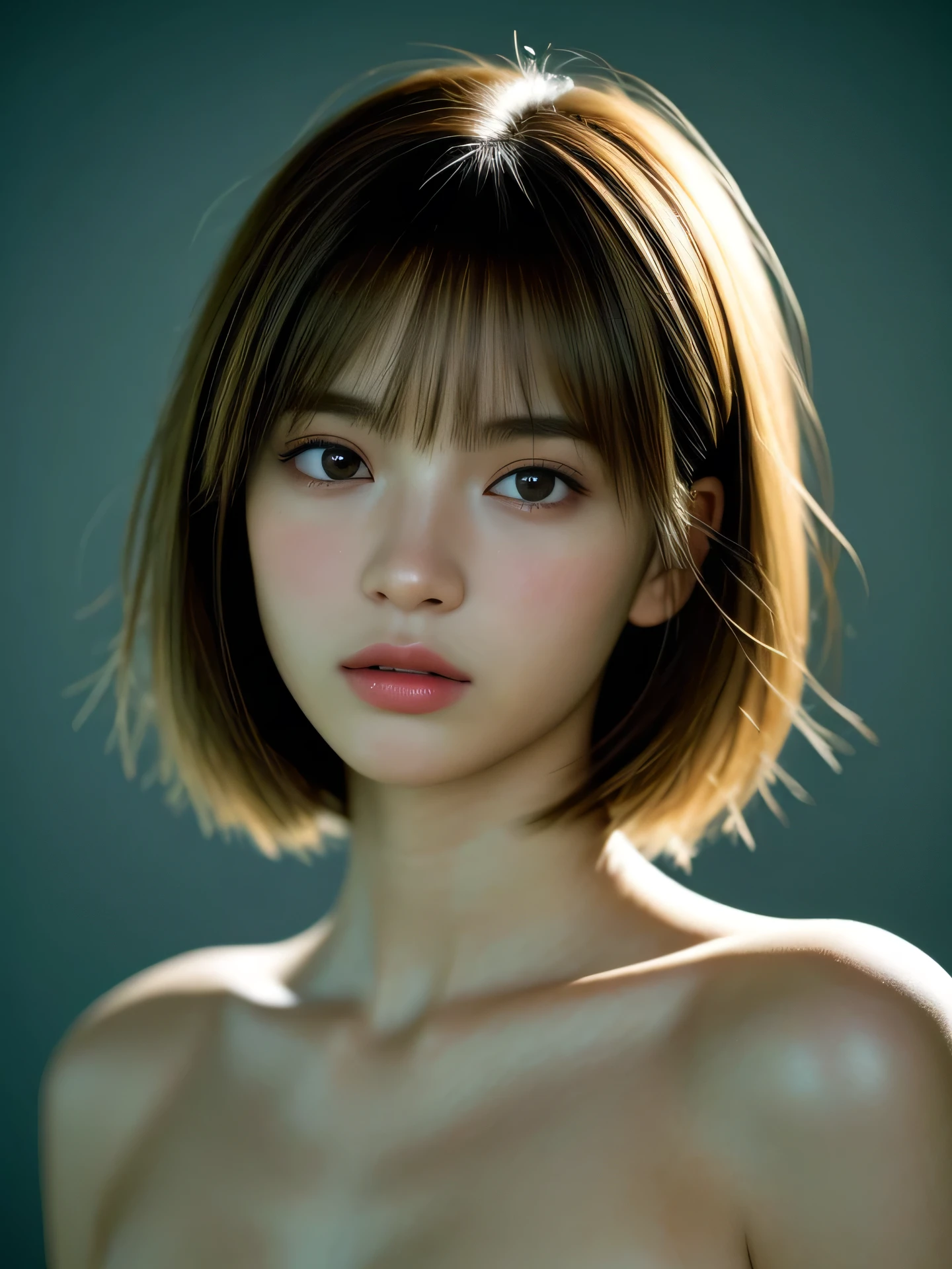 (Photo Real:1.4), (hyper realisitic:1.4), (Smooth lighting:1.05), 1 girl, melancholy, looking away, Close-up of the face, Soft lighting, Back lighting, (Finest Real Textured Skins), Super fine face, glowy skin, retinas, Anatomically correct, acurate, (medium Hair:1.1), bangs, Textured skin, High quality, high details, Best Quality, High resolution,