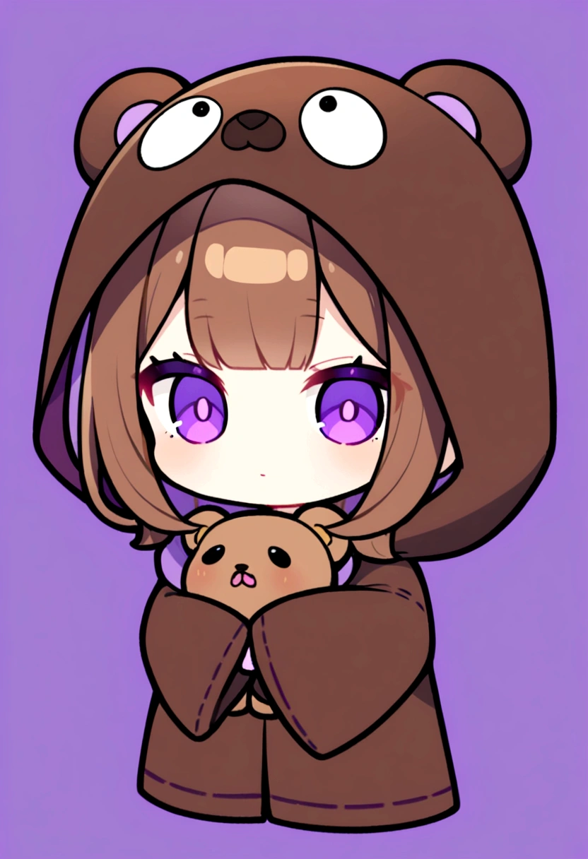 bangs bangs、Bangs、Crisp bangs、long brown hair、Wearing a dark brown bear hood、茶髪ロングのChibi Character、Wearing a dark brown bear ear hooded blanket、Purple Eyes、Purple betta background、Chibi Character、Holding a teddy bear、Bear face hood,美しいPurple Eyes、