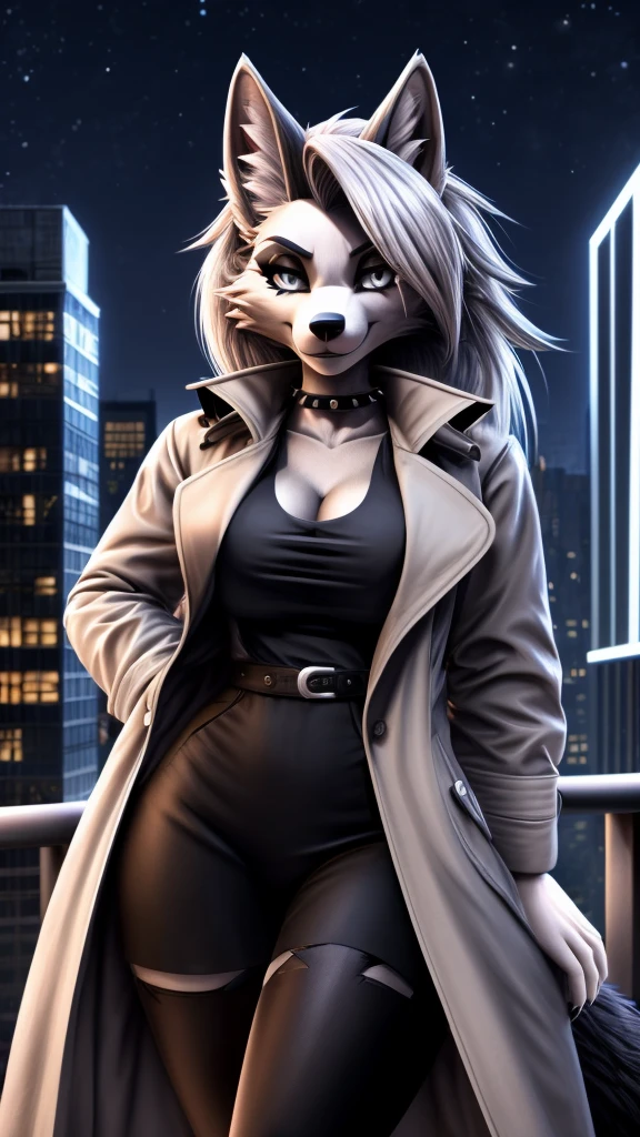 Loona from Helluva Boss, female wolf, anthro, fluffy cozy short white hair, grey eyes, mature adult, trench coat, casual clothing, smiling at viewer, city at night, detailed, solo, beautiful, high quality, 4K