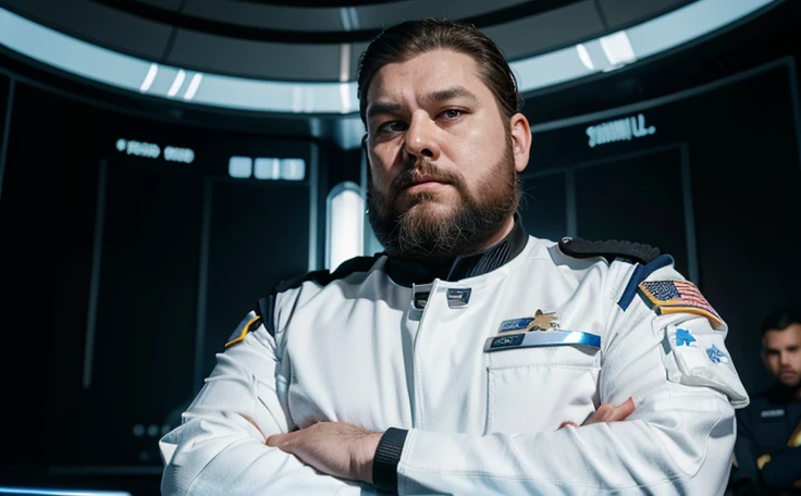The space general wears a futuristic uniform, he is fat bearded, long sleeve uniform , he has his arms crossed seriously, speaking to the viewer, He wears a white general's hat on his head.