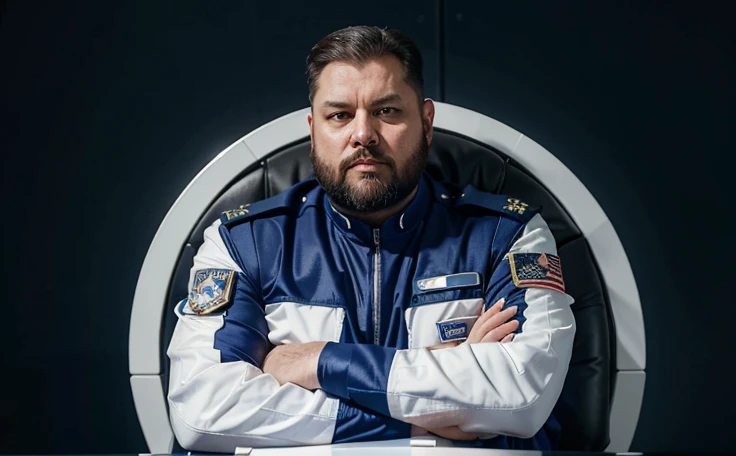 The space general wears a futuristic uniform, he is fat bearded, long sleeve uniform , he has his arms crossed seriously, speaking to the viewer, He wears a white general&#39;s hat on his head.