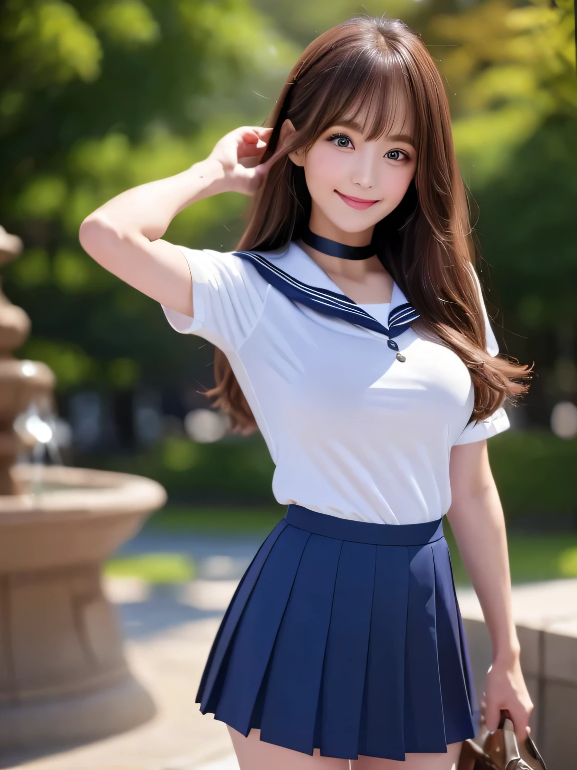100 Girls,Crowded, Long Hair, Brown Hair, sexly, A row of girls, Girls standing in alignment, Girls only, Sisters, ((uniform。Sailor suit、mini skirt)),Full body photo:1.9, adorable, smile, Slim face, Slim body, Short Brown Hair, 32k, masterpiece, Best image quality,Ultra-high resolution,Perfect hands,Black Choker、blue eyes、bangs、Very numerous and very long eyelashes, Lots of girls、 Dependents, Fully booked, Big Breasts、Beautiful girls in sailor suits、Big Breasts、Huge breasts、Fountain Square、blue sky、Alignment、Hands should be lowered to the side of the body、Stand up straight